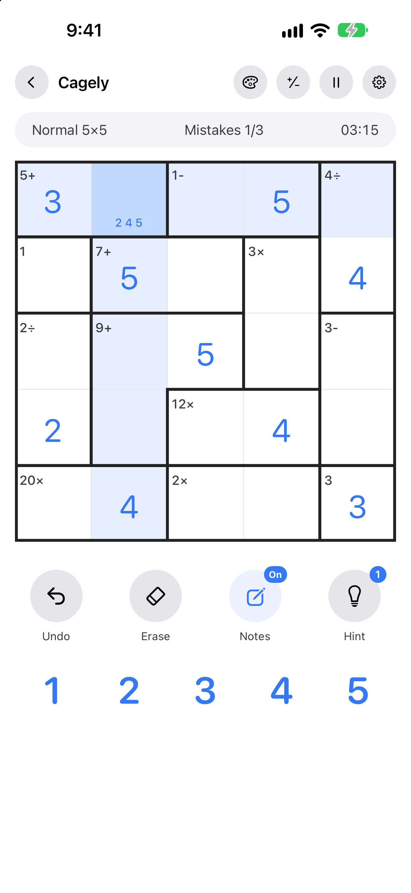 Cagely 5×5 cage math puzzle on iPhone