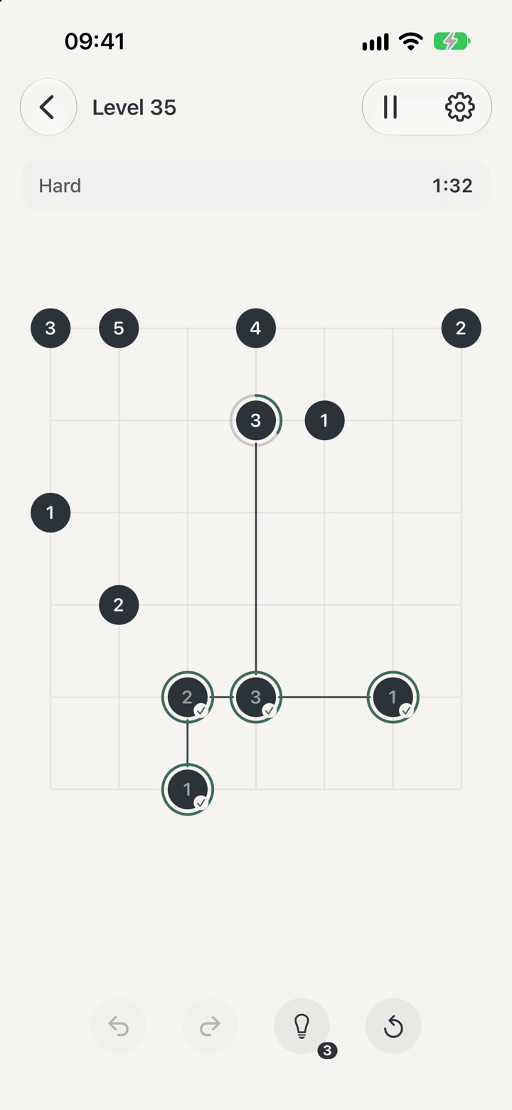 A Hashi puzzle in progress, with numbered islands and straight bridges on a grid.
