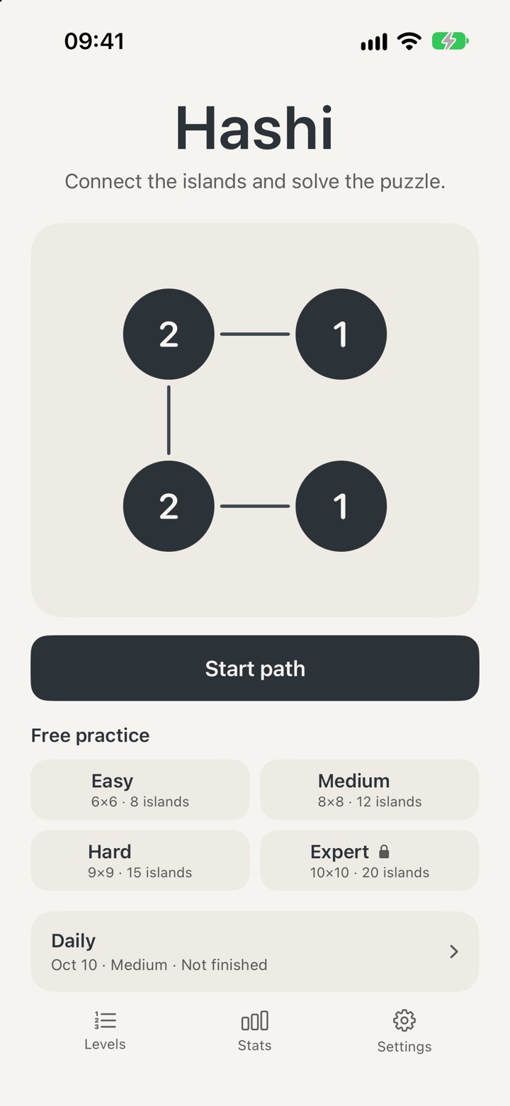Hashi home screen on iPhone, with free practice, the daily puzzle, and a small bridge puzzle.
