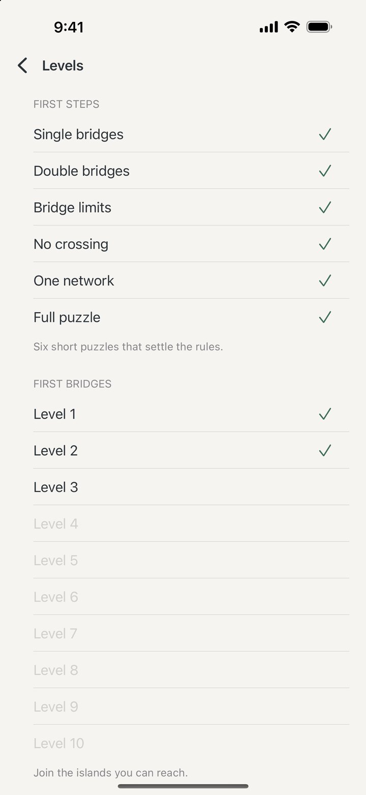 The Hashi level list, with completed opening puzzles and the next level ready.