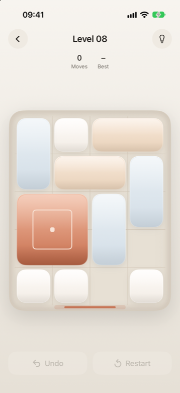 iPhone screenshot of Gaply, a sliding block puzzle with the target block on the board