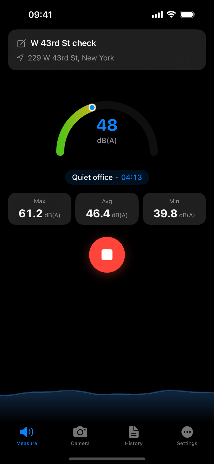 Noise Meter live A-weighted measurement on iPhone